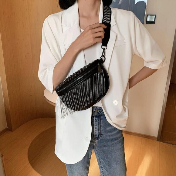 ? Glt.etl Faux leather Fringe Women Black Chest Quilted Rivet Tassel Waist Bag main image 5